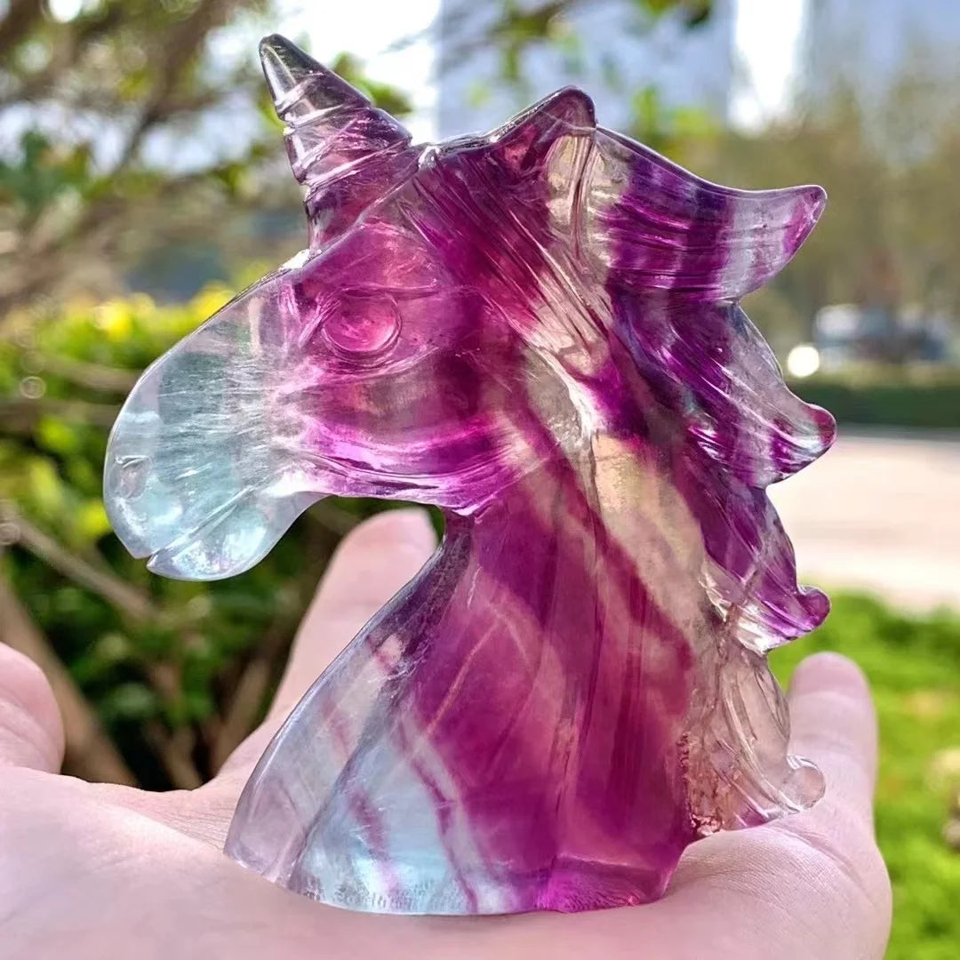 8cm Rainbow Fluorite Unicorn Figurine Natural Crystal Healing Stones Carved Crafts for Gifts