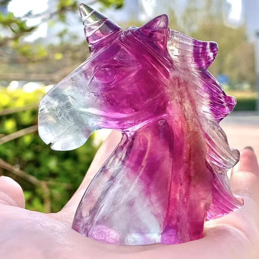 8cm Rainbow Fluorite Unicorn Figurine Natural Crystal Healing Stones Carved Crafts for Gifts