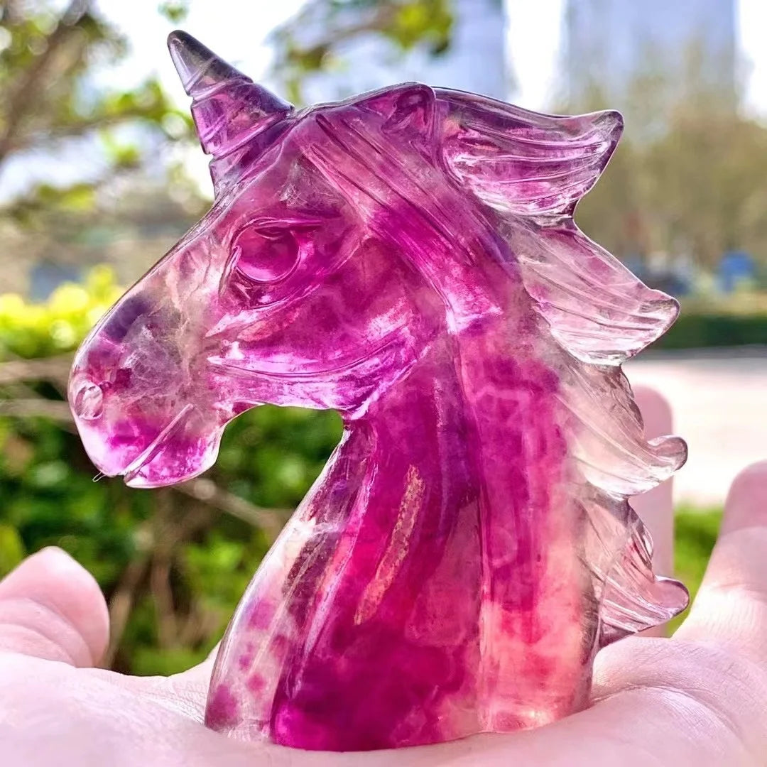 8cm Rainbow Fluorite Unicorn Figurine Natural Crystal Healing Stones Carved Crafts for Gifts