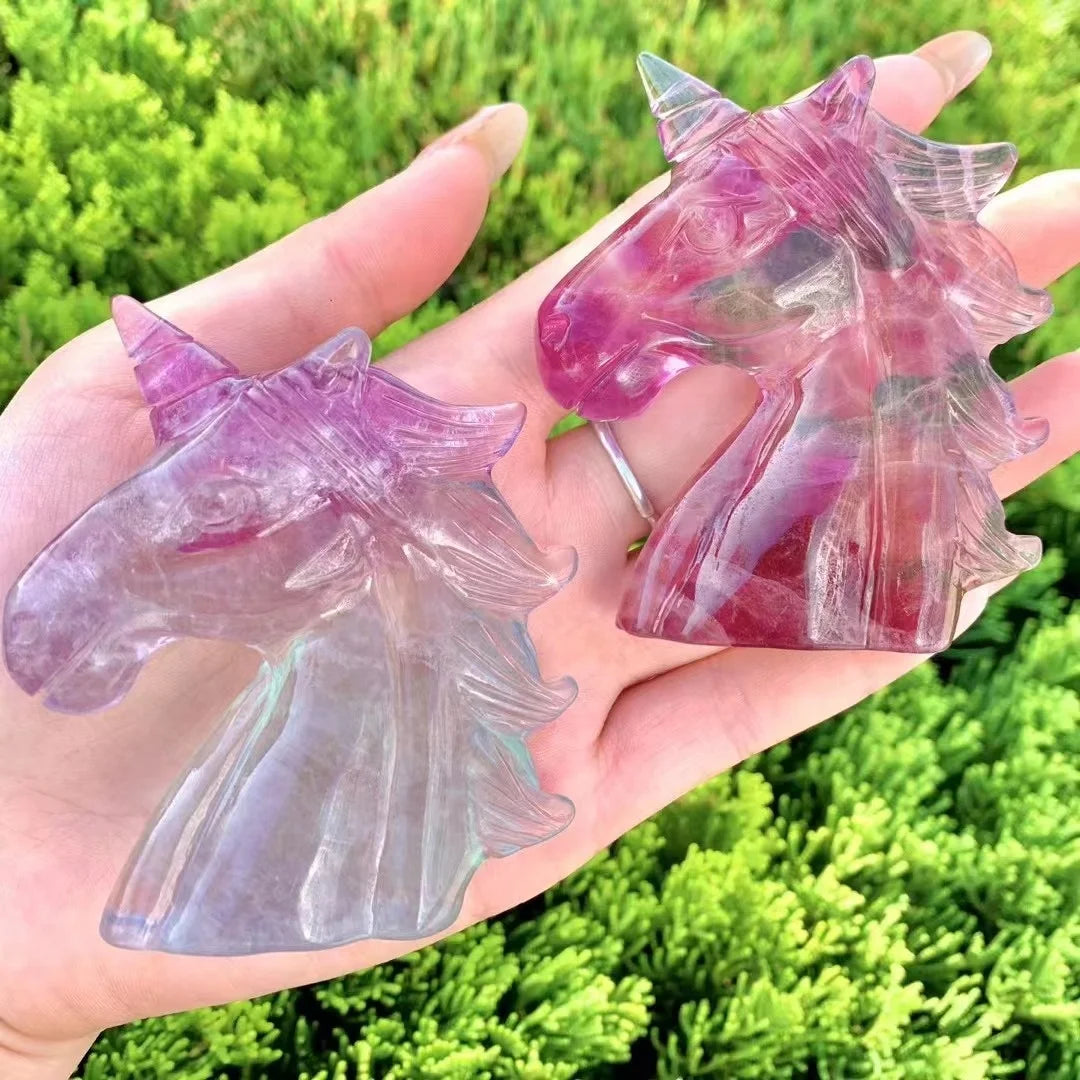 8cm Rainbow Fluorite Unicorn Figurine Natural Crystal Healing Stones Carved Crafts for Gifts