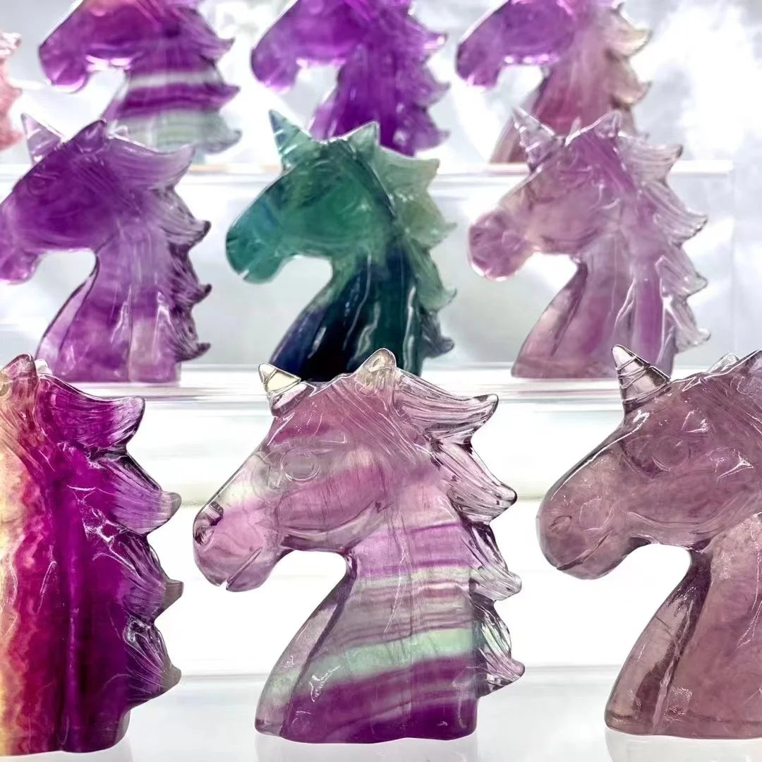 8cm Rainbow Fluorite Unicorn Figurine Natural Crystal Healing Stones Carved Crafts for Gifts