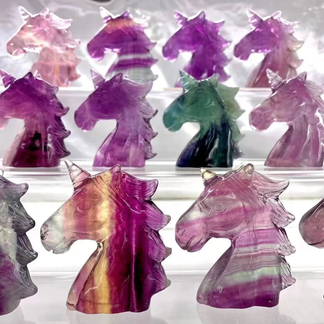 8cm Rainbow Fluorite Unicorn Figurine Natural Crystal Healing Stones Carved Crafts for Gifts