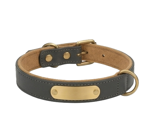 Charcoal Gray Leather Custom Dog Collar with Khaki Tan Padded Lining